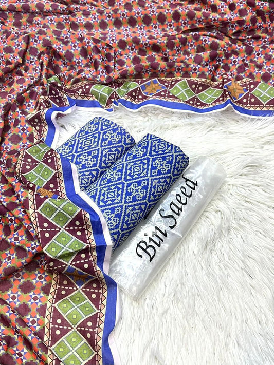 Bin Saeed Unstitched Lawn 3Piece D-002